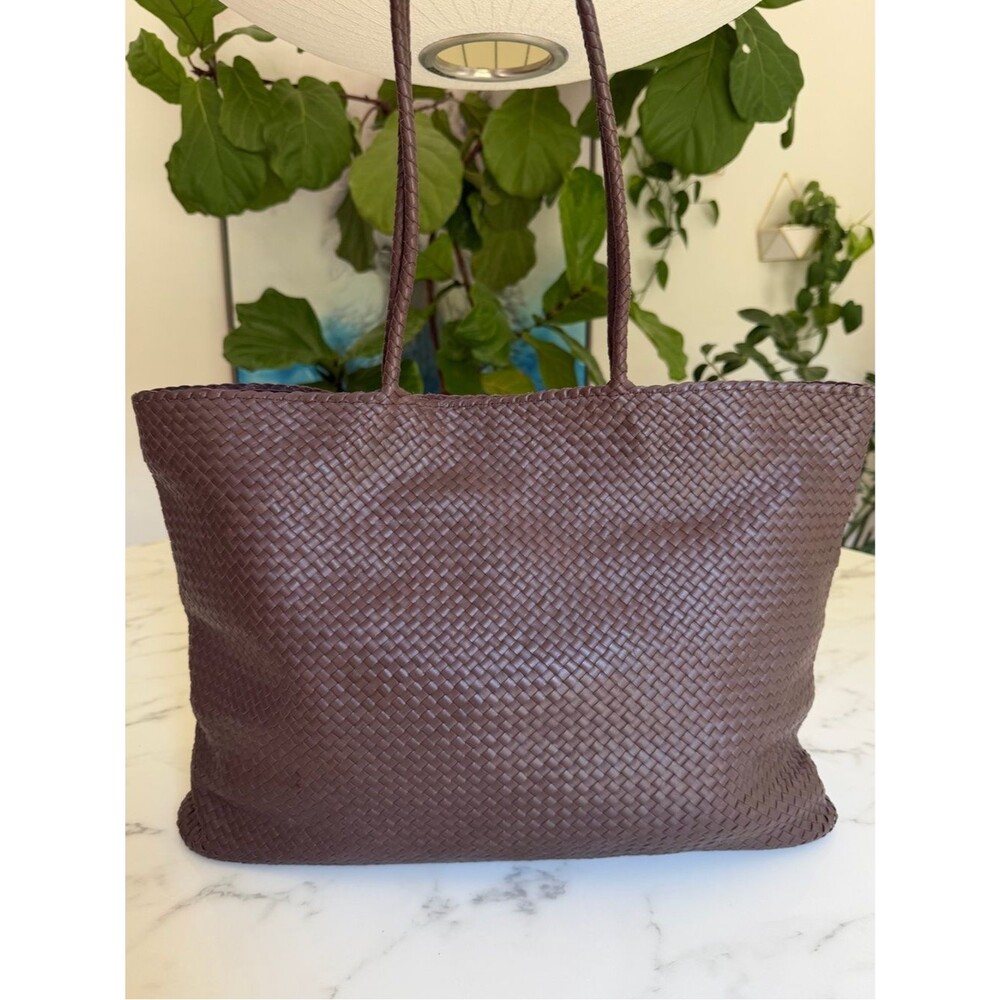 Quince Italian Leather Handwoven Tote Dark Brown XL Slim Shoulder Bag - Picture 6 of 15